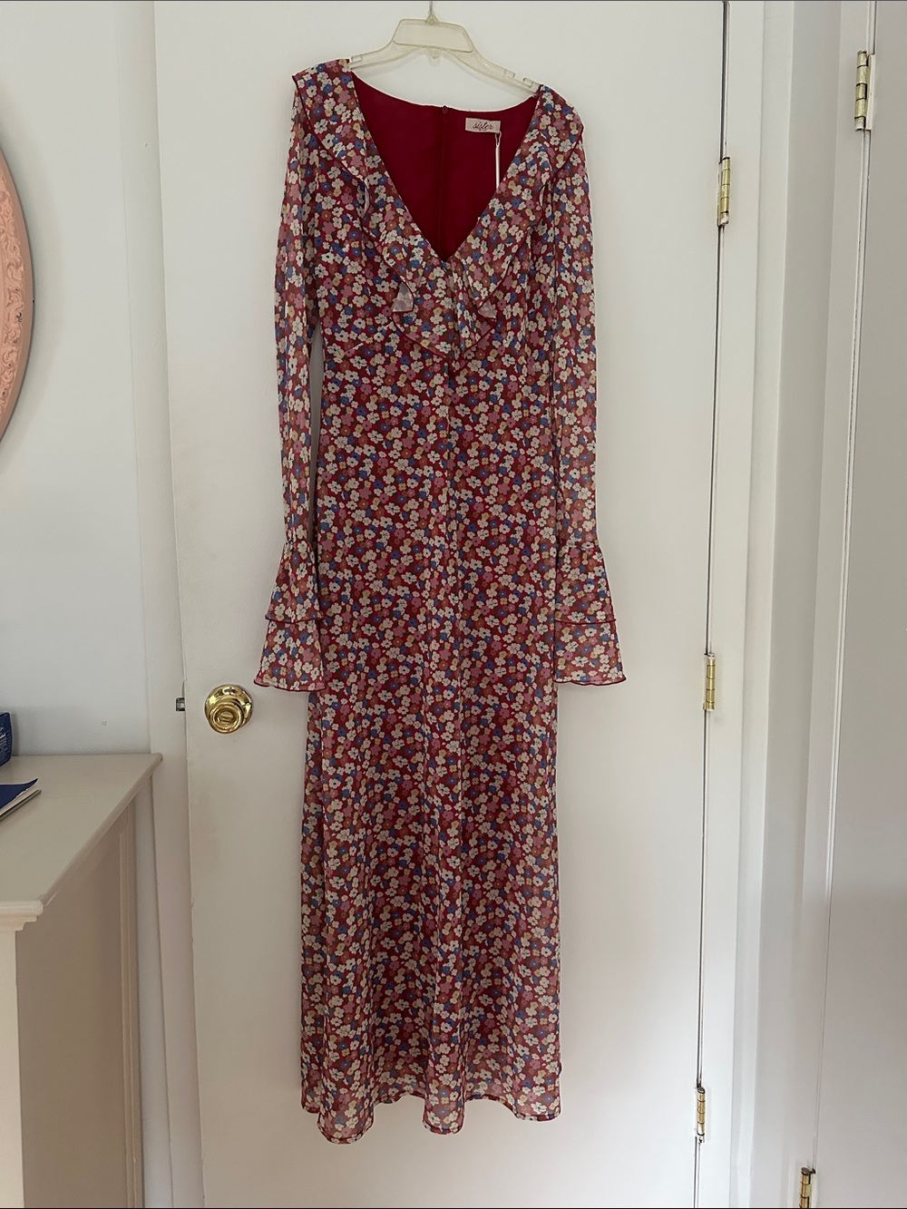 Floral Burgundy Long-Sleeve Maxi Dress with Ruffle V-Neck